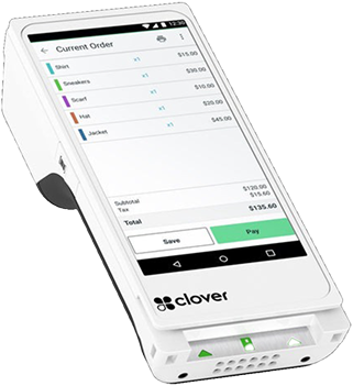 Clover Flex handheld POS with touchscreen, receipt printer, and chip card slot