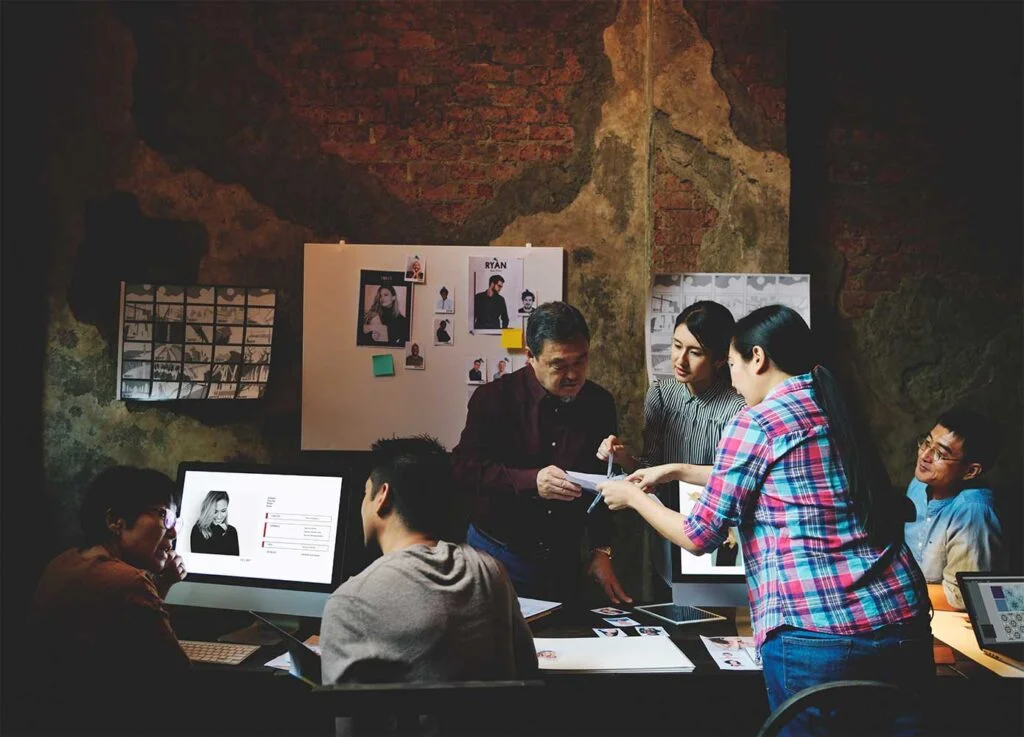 Team collaborating in a modern workspace